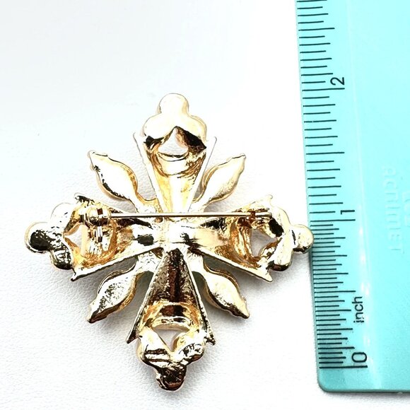 Red Green Rhinestone Gold Tone Maltese Cross Statement Brooch Pin New - Picture 2 of 4